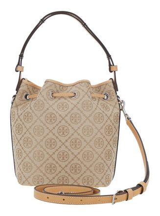 Tory Burch Womens Handbag T Monogram Mini Bucket Beige Cotton Polyester Handbags Hand Bags