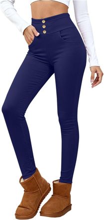 Generic Womens Winter Thermal Leggings with Pockets Fleece Lined Leggings Women Warm Underwear Bottoms Elegant High Waist Button Front Cycling Trousers Ladies