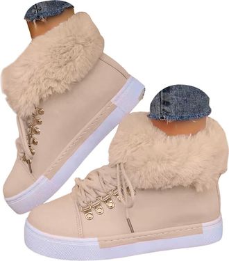 Generic Womens Winter Boots - Lace Up Warm Fuzzy Casual Ankle Booties, Platform Outdoor Shoes for Cold Weather(Beige,6.5)