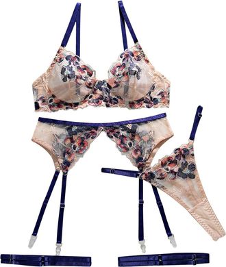 Generic Women Lingerie Sets Garter Lingerie G String Underwire Embroidered Sexy Lingerie Ruffle 3 Piece Lace Lingerie Set Stockings and Garter Belt for Women 