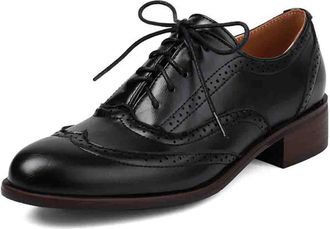 Generic MiaZane Womens Vintage Brogue Oxford Shoes Multi-Color Wingtip Design Lace-Up Round Toe Low Chunky Heel Classic British Style PU Oxfords for Work and 