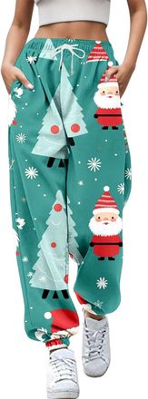 Generic Christmas Joggers for Women UK Funny Graphic Print Holiday Sweatpants High Waist Baggy Trousers Oversized Xmas Drawstring Jogging Pants Ladies Gym Wal