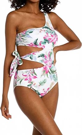 La Blanca Mystic Palm One Piece One Shoulder Cut Out Swimsuit In White/hot Pink