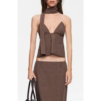 Lioness Play On Plaid Halter Top with Neck Scarf in Chocolate at Nordstrom, Size X-Small