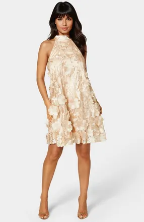 Bebe 3D Floral Halter Mini Dress in Champagne at Nordstrom, Size Xx-Small