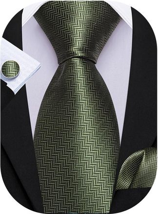 Barry.Wang Mens Olive green Tie 63inch Extra Long Silk Necktie Pocket Square Cufflinks Set Classic Wedding Formal