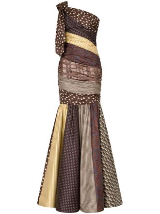 Moschino Abito monospalla con design patchwork - Marrone