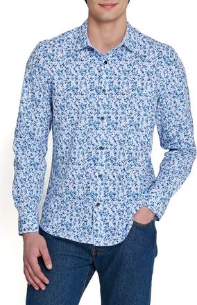 ConStruct Slim Fit Floral Cluster Performance Long Sleeve Shirt in White/blue at Nordstrom, Size Xx-Large