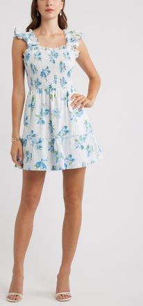 Chelsea28 Smocked Tiered Cotton Ruffle Trim Minidress in Blue- Green Striped Floral at Nordstrom, Size Xx-Small