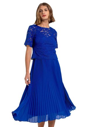 Roman Womens Lace Top Overlay Pleated Midi Dress - Blue - Size 10 UK