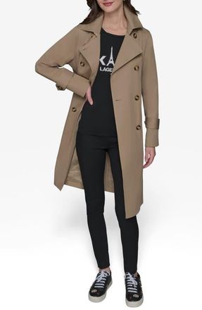 Karl Lagerfeld Water Resistant Embossed Logo Detail Cotton Blend Trench Coat in Khaki at Nordstrom, Size X-Small
