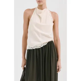 Mango Kristen Draped Lace Detail Cotton Halter Top in Ecru at Nordstrom, Size X-Large