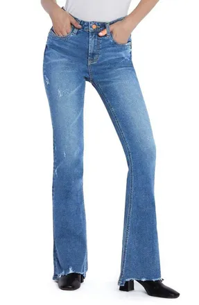 HINT OF BLU Distressed High Waist Flare Jeans in Steel Blue at Nordstrom, Size 25