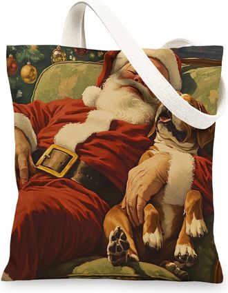 Generic Christmas Boxer Dog Canvas Tote Bag for Shopping 13x15, Xmas Santa Puppy Reusable Grocery Print Pattern Bag for Women, Pet New Year Beach Aesthetic Pa