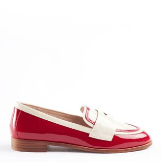 Cecelia New York Womens Kali Loafer In Oat And Red Patent Leather