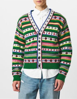 Kenzo Mens Fairisle Jacquard Cardigan Green Clothing > Knitwear