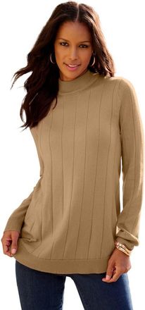 Roaman's Plus Size Drop Needle Mockneck Lightweight Sweater Knit in Soft Camel at Nordstrom, Size Small