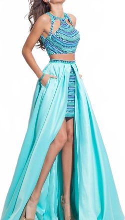 Rachel Allan Fully Beaded Two-Piece Prom Dress With Overskirt In Aqua Mint