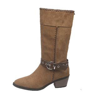 Generic Womens Mid Calf Boots Casual Wide Calf Western Booties Solid Color Pointed Toe Stylish Chunky Heel Buckle Comfy Classic Cowboy Boots Work Leisure