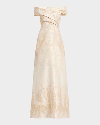 Teri Jon Off-Shoulder Metallic Jacquard Gown