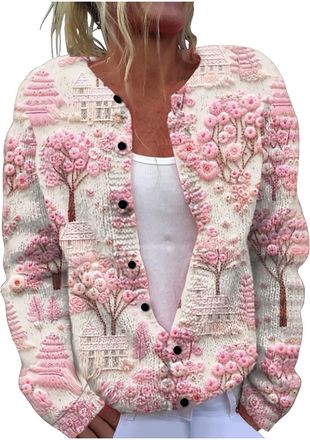 Generic Womens Christmas Cardigans Outwear Fluffy Sweaters Womens Fashion Casual Floral Print Knitted Button Cardigan Jacket Cardigans for Women UK Xmas Cloth