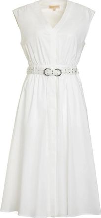 Michael Kors Stretch Katoen Poplin Midi-Jurk met Riem - Dames - Casual kleedjes - Wit - L - Katoen - Kleedjes