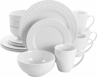 Elama Cara 16 Piece Round Porcelain Dinnerware Set in White