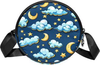 Generic Circle Crossbody Bag for Women, Cloud Moon Star Small Sling Bag Daypack with Zipper Adjustable Shoulder Straps Casual Ladies Girls Round Purse