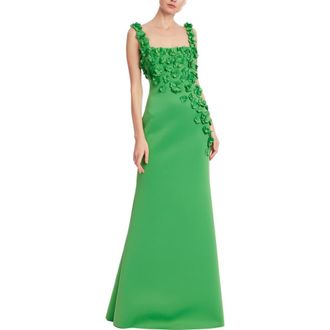 Badgley Mischka Floral Appliqu&eacute; Scuba Knit Trumpet Gown in Green at Nordstrom, Size 10