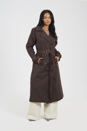 Brave Soul Womens Chocolate Double-Breasted Longline Trench Coat - Size 14 UK