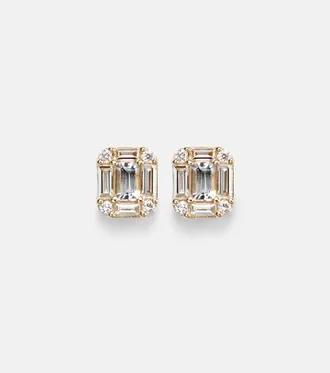 Stone and Strand Shield Of Strength 14kt gold earrings with diamonds and aquamarine