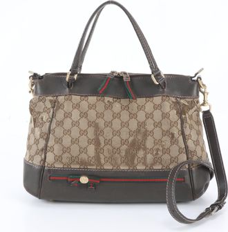 Gucci Beige Brown Leather Canvas Handbag Shoulder Bag Tote Bag (Pre-Owned)