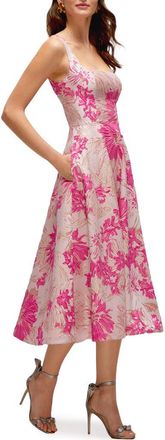 The Dessy Group Floral Jacquard Sleeveless Fit & Flare Midi Dress in Pink Multi at Nordstrom, Size 24W