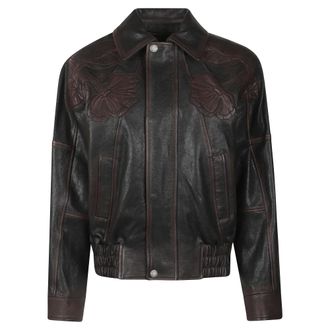 Golden Goose Leather Jackets, female, Brown, Size: XS Bomber Jacket with Floral Embroidery