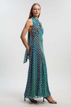 Karen Millen Womens Polka Dot Drama Halter Pleat Insert Woven Maxi Dress - Green - Size 14 UK