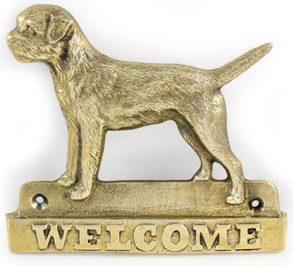 OEM Border Terrier: Un Cartel Para Puerta Con Un Perro, Una Placa De Bienvenida De Lat&oacute;n, Un Cartel &Uacute;nico Con La Palabra Bienvenido De Art-dog
