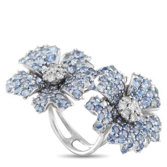 Luxury Bazaar 18K White Gold 0.50 ct Diamond and 8.65 ct Sapphire Flower Duo Statement Ring MF37-122325