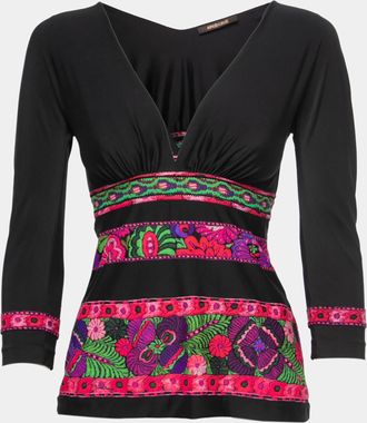 Roberto Cavalli Black Floral Printed Jersey V-Neck Top