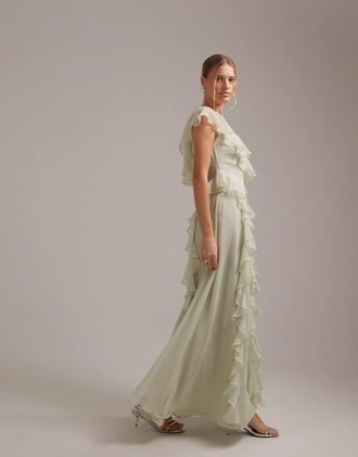 Asos Vestito lungo da damigella a portafoglio verde salvia con volant