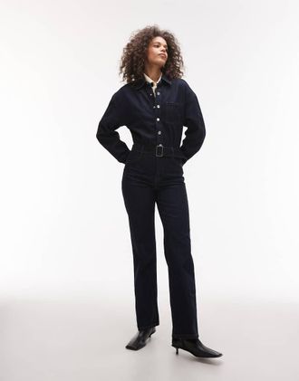 Mango belted denim jumpsuit in dark blue