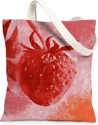 Generic Strawberry Canvas Tote Bags, Fruit Pattern Reusable Grocery Bags, Summer Vintage Rustic Lightweight Washable Shoulder Strap, Red, 13x15 Inch