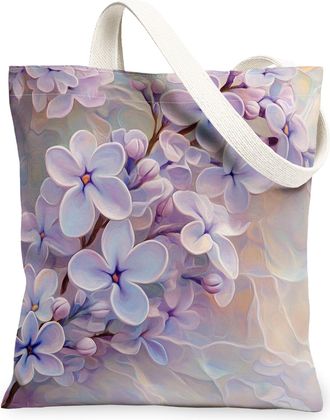 Generic Spring Lilac Flower Canvas Tote Bag for Shopping 13x15, Modern Marble Floral Reusable Grocery Print Pattern Bag for Women, Luxury Beach Aesthetic Pain