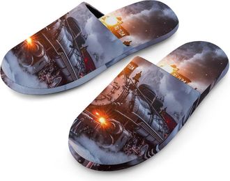 Generic Steam Train in Snowy Day Flannel Mens Slip-on Slippers Winter Warm House Shoes with Rubber Sole for Home Hotel