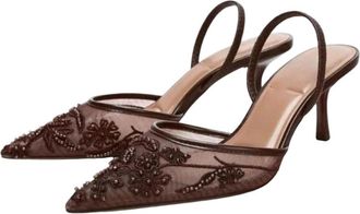 Generic Women Mesh High Heel Sandals Summer Luxury Pointed Toe Embroidered Bead Detail Dress Shoes Brown