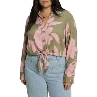 Sanctuary Lover Print Tie Hem Crop Sateen Shirt in Green/Pink Silhouette at Nordstrom, Size 2X