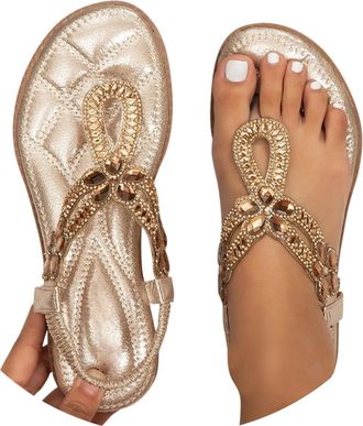 Generic Ladies Faux Leather Open Toe T-Bar Diamante Gem Stone Flat Summer Sandals Causal Lightweight Slip on Slides Platform Slippers Beach Holiday Essential 