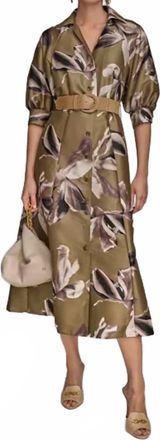 DKNY Print Belted Midi Shirtdress In Olive Floral