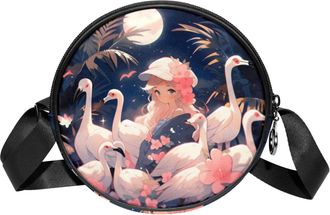 Generic Circle Crossbody Bag for Women, Pink Art Flamingo Small Sling Bag Daypack with Zipper Adjustable Shoulder Straps Casual Ladies Girls Round Purse