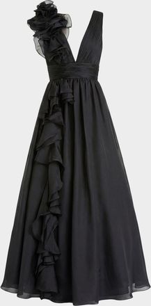 Mac Duggal Plunging V-Neck Ruffled Ball Gown