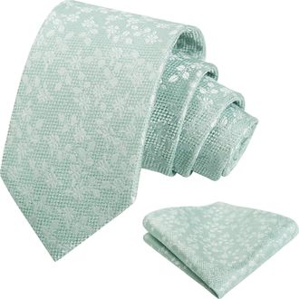 Alizeal Mens 8cm Floral Patterned Necktie and Pocket Square Elegant Classic Tie Set, Sage Green